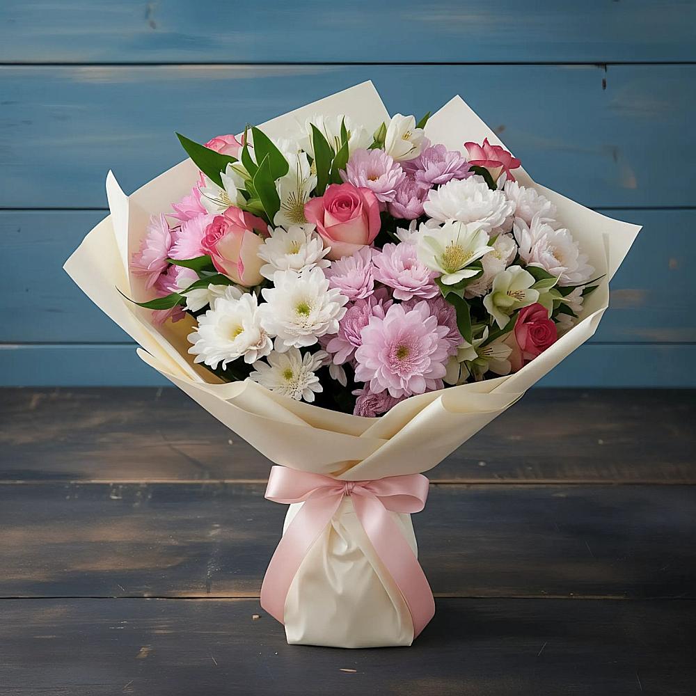 Букет цветов из: Хризантемы, Альстромерии и Розы в Коряжме